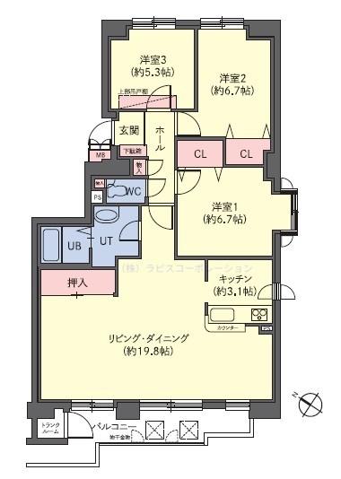 ロピア月寒東　9階/11階・南西角住戸・3LDK・86.14㎡
